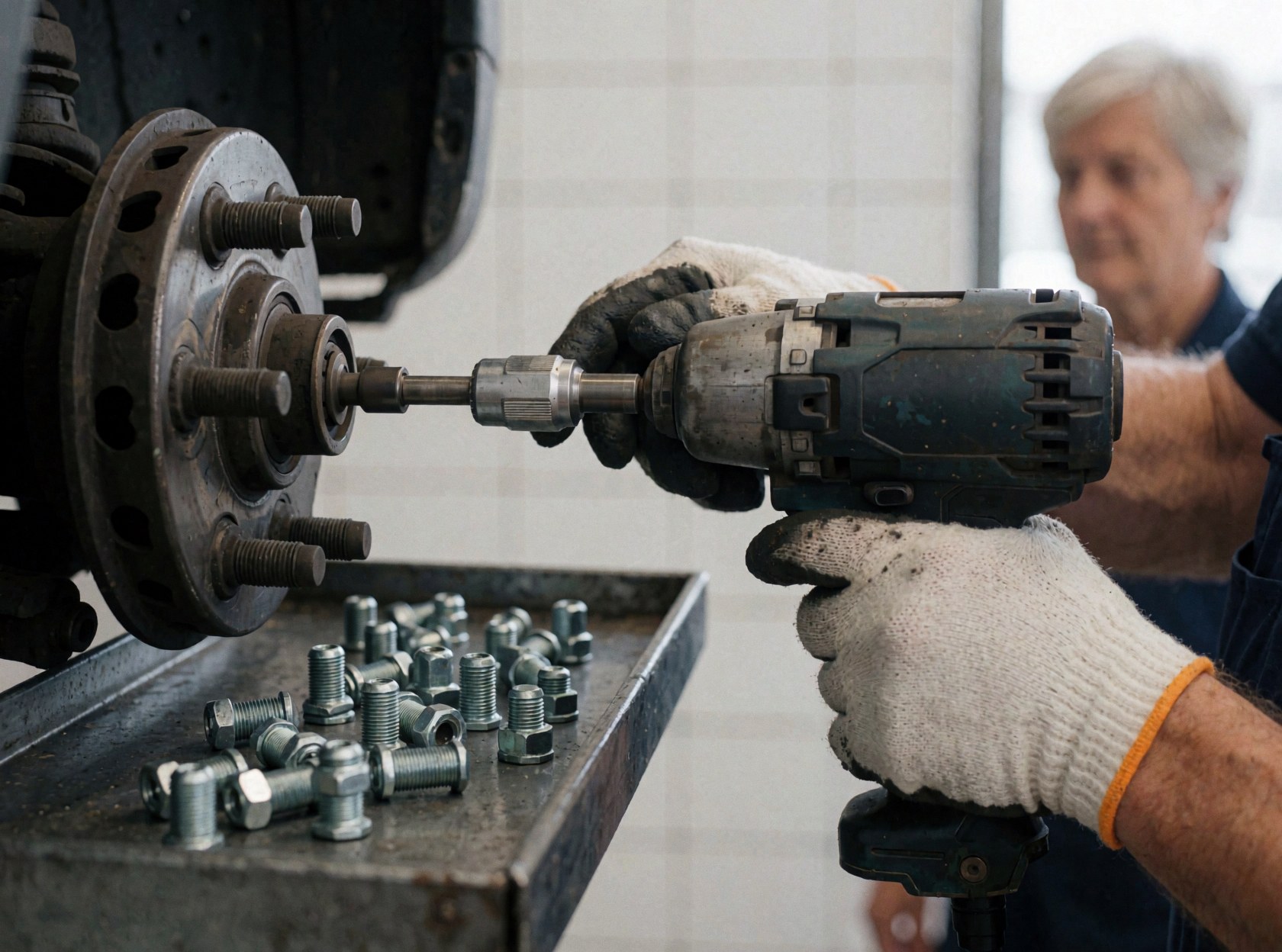 Des mains portant des gants utilisent un outil pneumatique pour dévisser les écrous d'une roue dans un atelier aux murs carrelés.