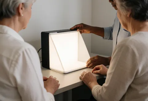 Une personne ajuste un lightbox sur une table pendant qu'une autre observe, dans un environnement de vente en ligne avec un éclairage doux et un espace ordonné.