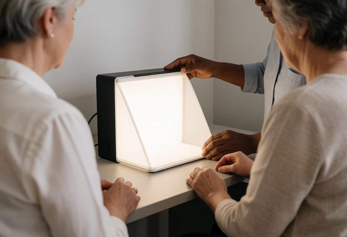Une personne ajuste un lightbox sur une table pendant qu'une autre observe, dans un environnement de vente en ligne avec un éclairage doux et un espace ordonné.