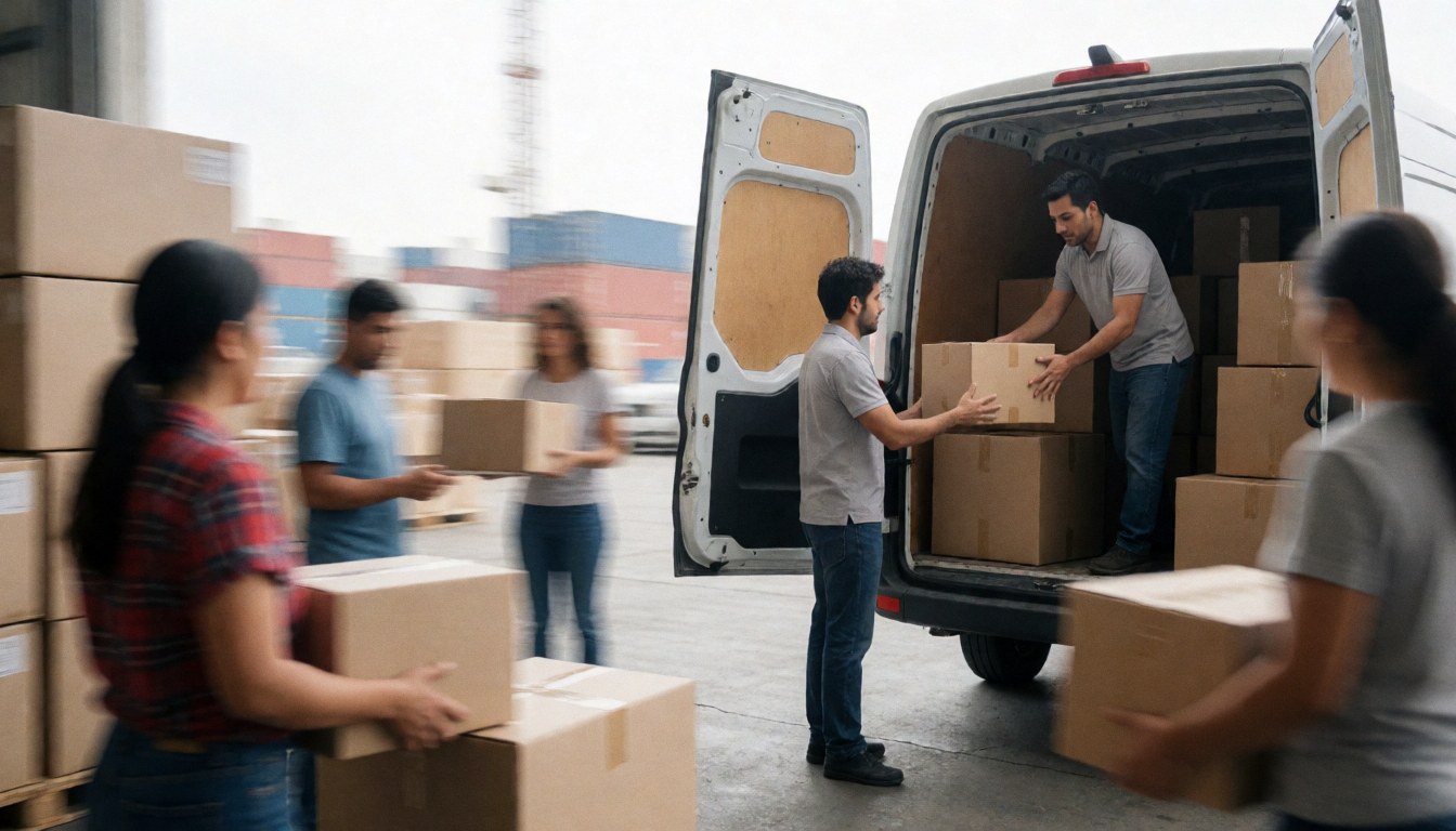 Des employés chargent des colis dans un véhicule de livraison au sein d'un entrepôt logistique.