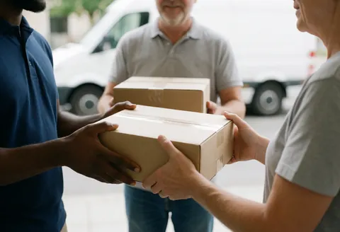 Un livreur remet des cartons à un client devant sa maison avec un camion en arrière-plan pour la livraison.