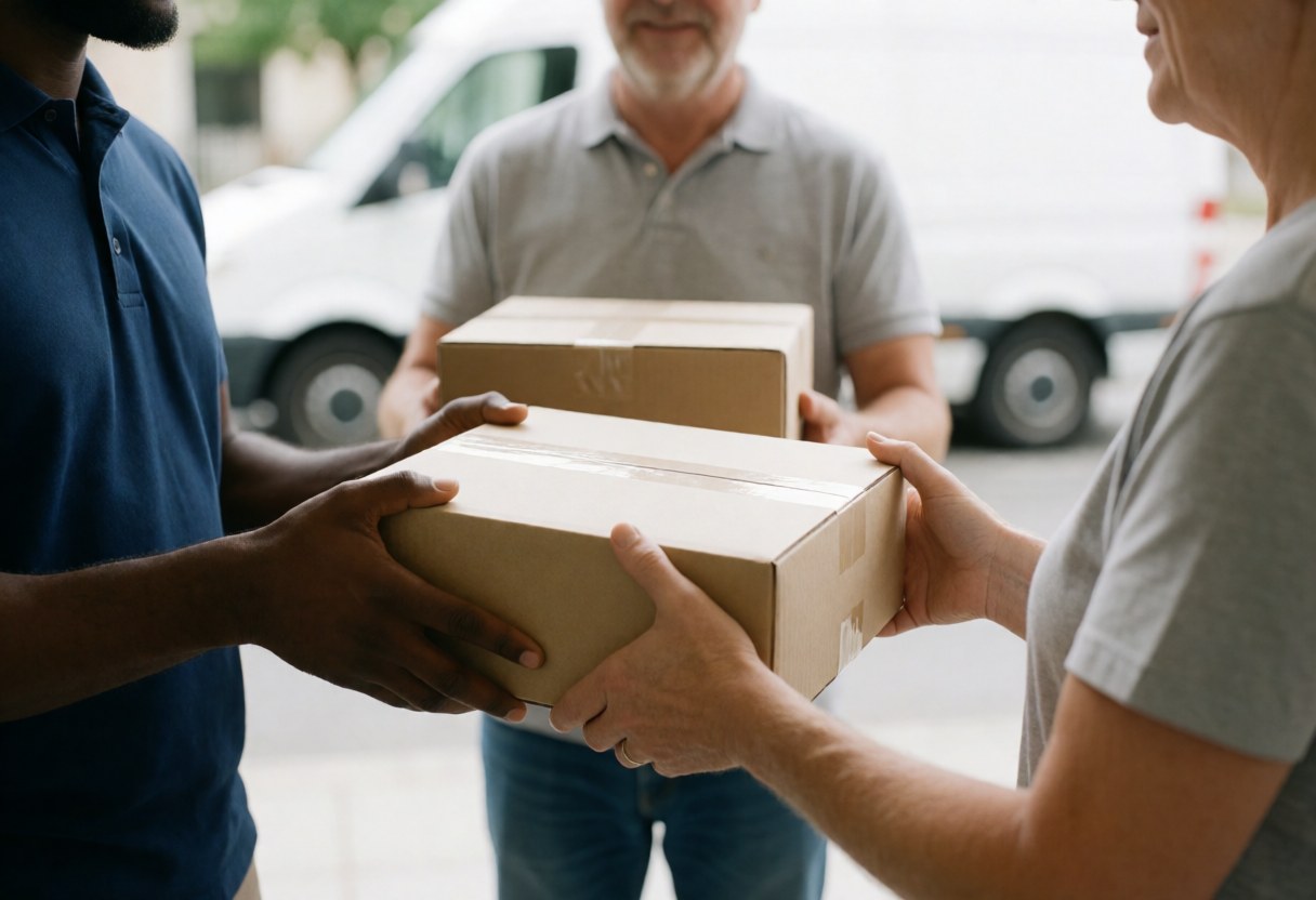 Un livreur remet des cartons à un client devant sa maison avec un camion en arrière-plan pour la livraison.