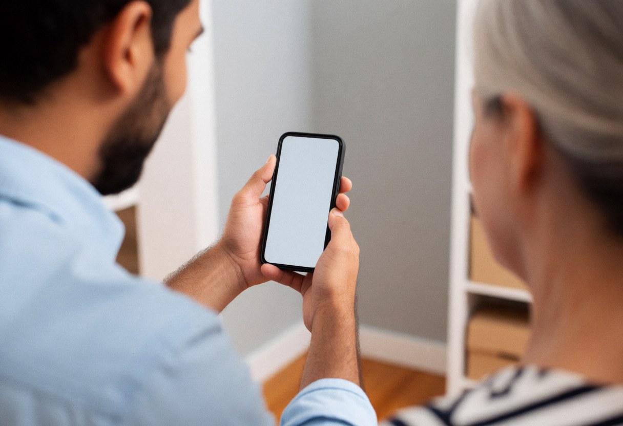 Un homme en bureau montre son smartphone à un client sur fond gris avec éclairage chaud, mains visibles sans visage identifiable.