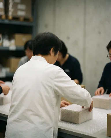 Vue arrière d'une personne emballant une boîte avec du papier bulle sur une table dans un entrepôt, avec d'autres employés travaillant en arrière-plan.
