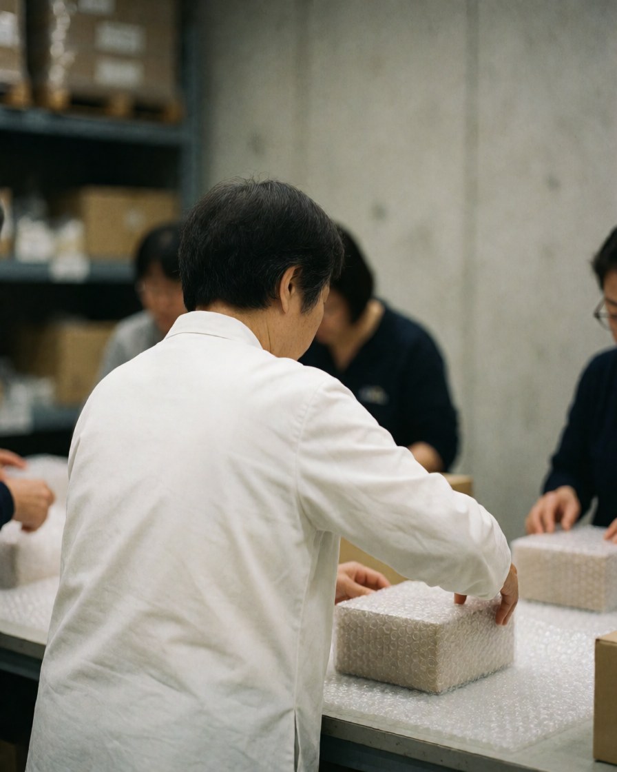 Vue arrière d'une personne emballant une boîte avec du papier bulle sur une table dans un entrepôt, avec d'autres employés travaillant en arrière-plan.