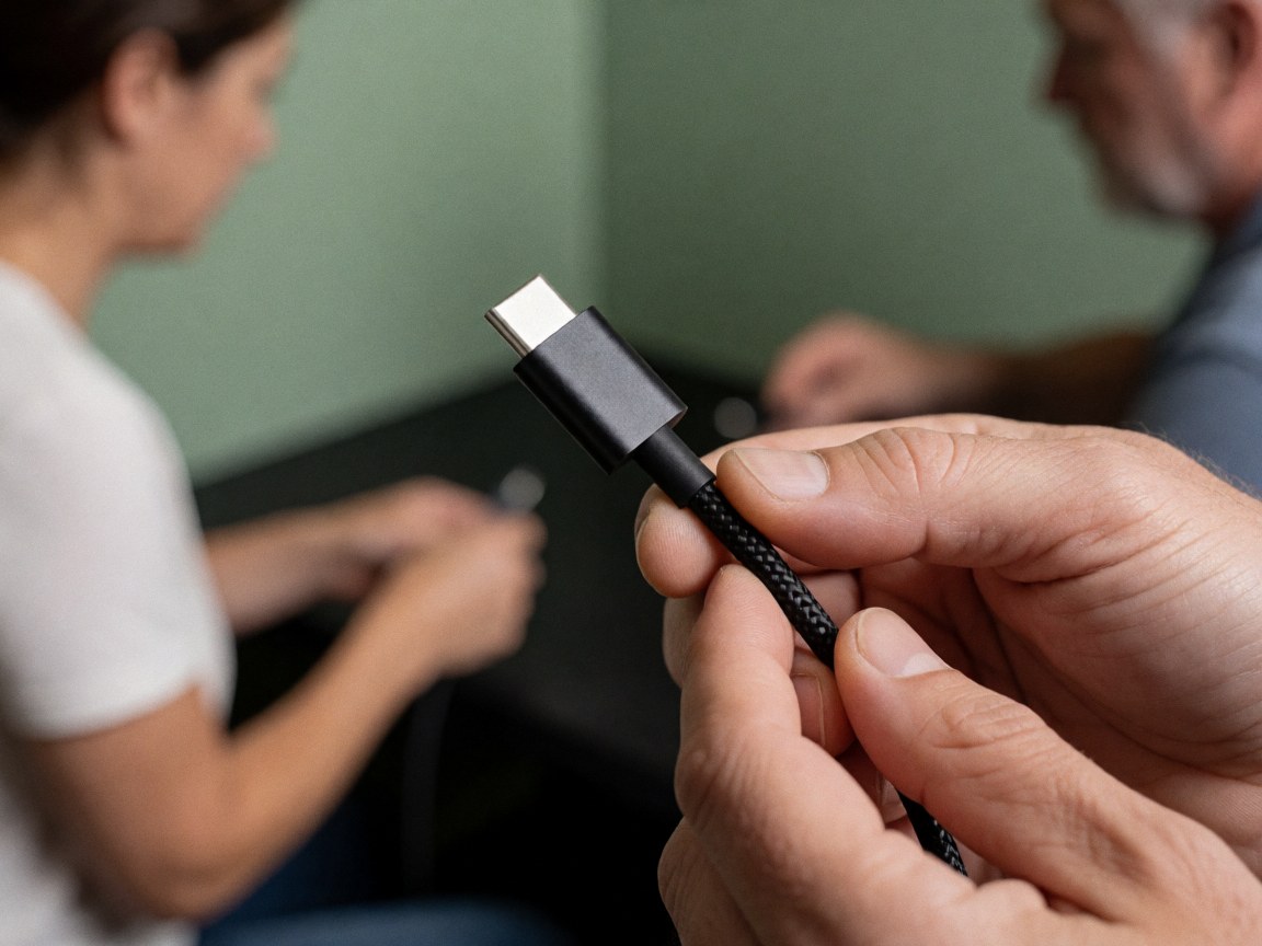 Câble usb-c noir tressé tenu en main, détail de la connexion, fond vert uni, pour site de vente en ligne
