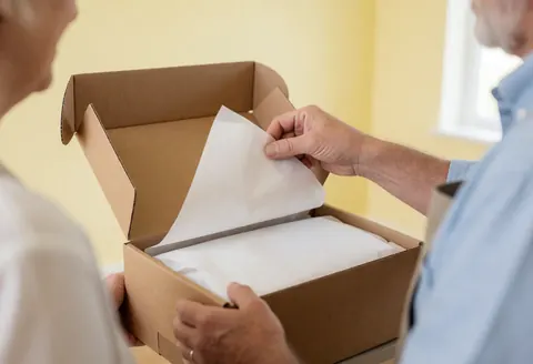 Une main retire du papier d'emballage blanc à l'intérieur d'une boîte en carton ouverte, sur un fond de mur crème clair.