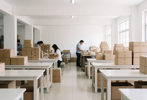 Des employés emballent des colis sur des tables blanches dans un espace lumineux et organisé pour une boutique en ligne.