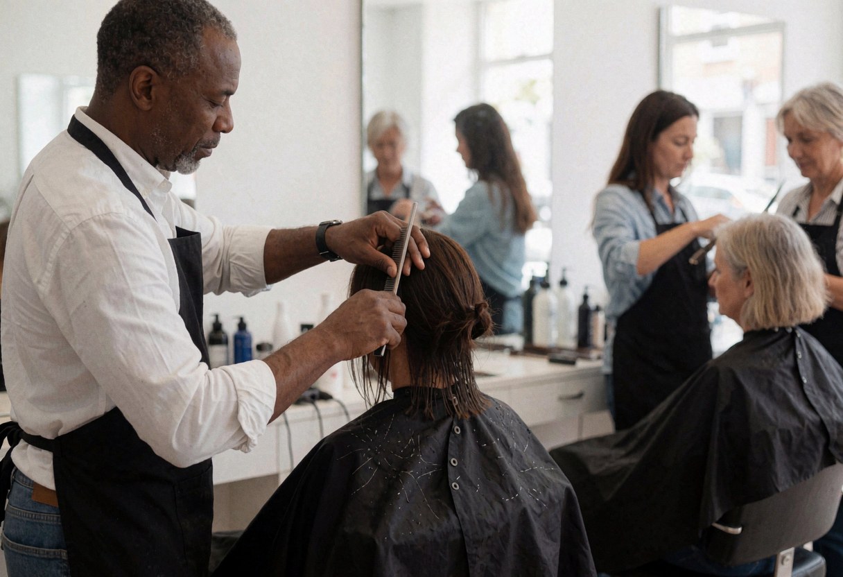 Un coiffeur coupe les cheveux d'un client assis sur une chaise avec une cape, des ciseaux et un peigne, des produits et des miroirs en arrière-plan dans un salon de coiffure.
