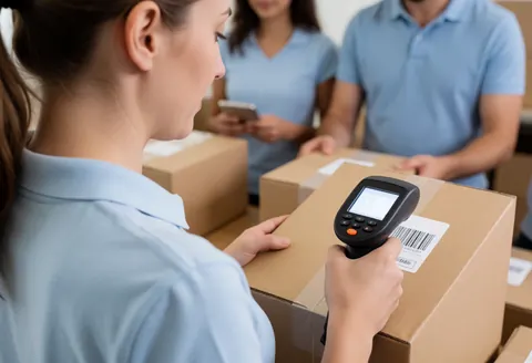 Une femme utilise un appareil de scan pour traiter une caisse dans une boutique en ligne, avec des cartons visibles en arrière-plan.