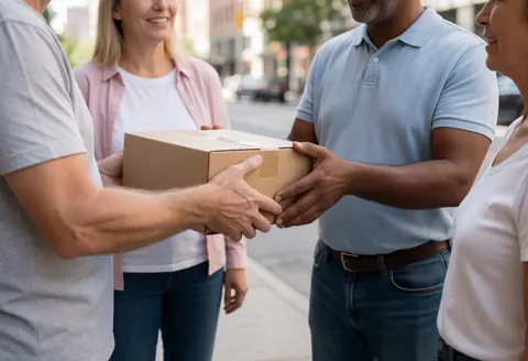 Mains recevant un paquet lors d'une livraison en milieu urbain, scène réaliste illustrant le service de livraison d'une boutique en ligne.