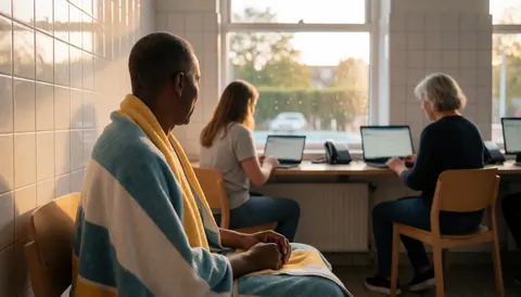 Une personne tenant une serviette dans un bureau avec des murs carrelés blancs, utilisant un ordinateur, tandis que d'autres personnes travaillent à une table.