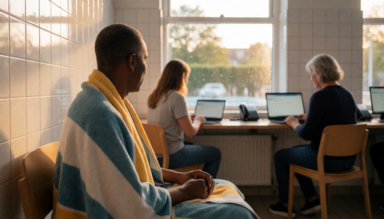 Une personne tenant une serviette dans un bureau avec des murs carrelés blancs, utilisant un ordinateur, tandis que d'autres personnes travaillent à une table.