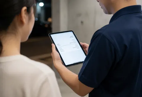 Un agent en uniforme bleu foncé présente une facture sur une tablette numérique à un client de dos devant un mur en béton avec une lumière douce.