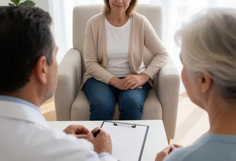 Un psychologue prend des notes dans un bureau calme avec lumière naturelle pendant une consultation avec un patient assis.