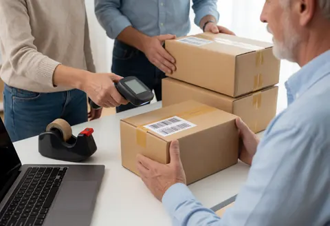 Employé scannant une boîte d'expédition sur un bureau blanc avec ordinateur portable et dévidoir à ruban adhésif pour le service logistique.