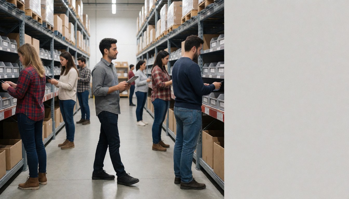 Employés utilisant des tablettes numériques dans un entrepôt rempli d'étagères et de cartons, offrant un espace pour ajouter du texte.