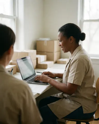 Une femme sourit en utilisant son ordinateur dans un bureau lumineux tandis qu'une autre personne observe les cartons d'expédition.