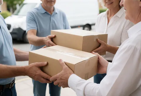 Des mains d'adultes transmettent des cartons à un client lors d'une livraison à domicile, avec un véhicule de livraison en arrière-plan.