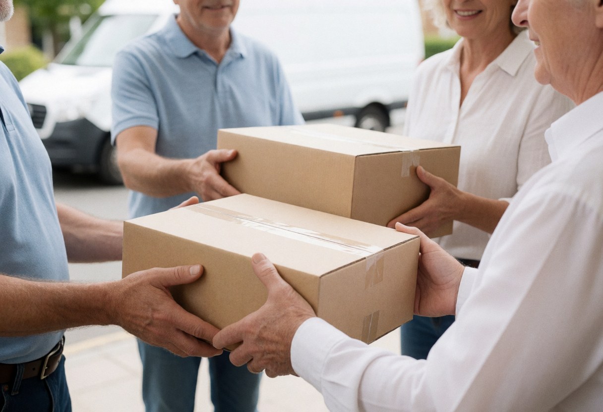 Des mains d'adultes transmettent des cartons à un client lors d'une livraison à domicile, avec un véhicule de livraison en arrière-plan.