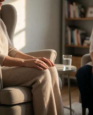 Une femme est assise sur une chaise dans un intérieur lumineux, tenant un verre d'eau. L'ambiance est calme et apaisante, évoquant un cadre de consultation psychologique ou de thérapie.