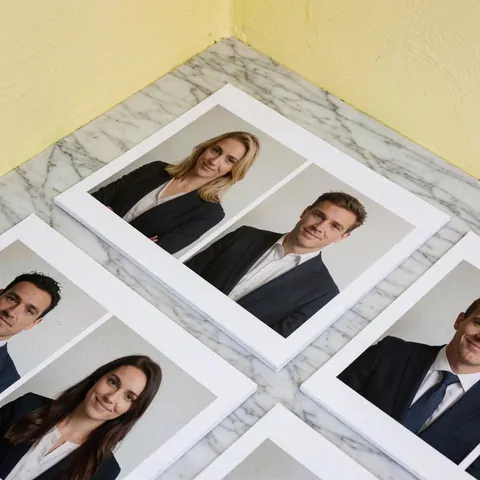 Photos d'employés imprimées sur papier posées sur une table en marbre avec des murs jaunes, idéal pour l'intranet d'entreprise.