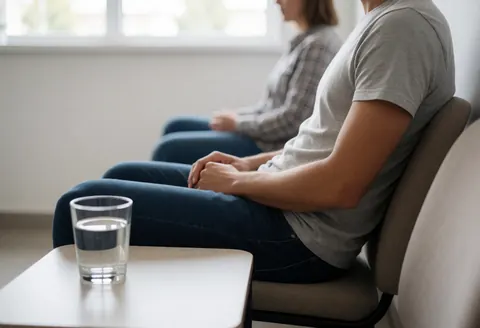 Un client est assis sur une chaise confortable dans une salle d'attente calme aux murs blancs, profitant de la lumière naturelle et d'une bouteille d'eau posée sur la table.