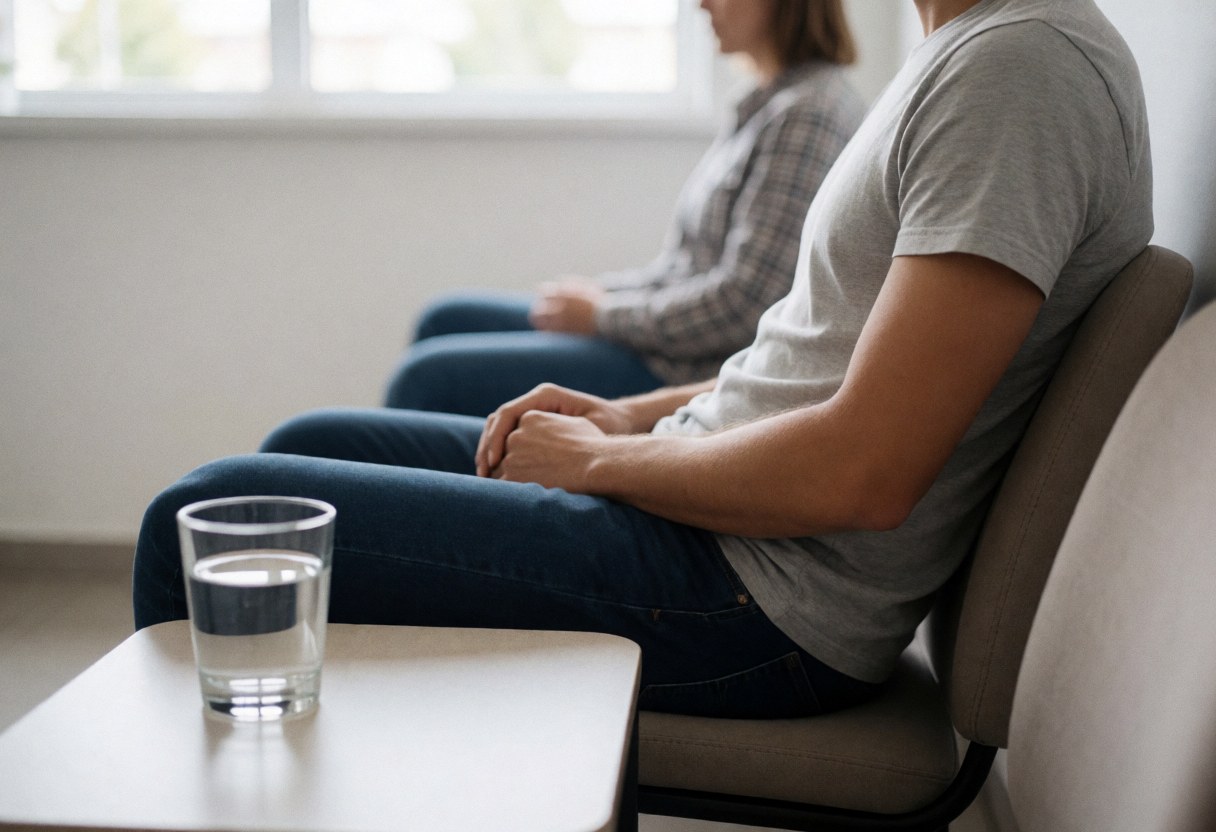 Un client est assis sur une chaise confortable dans une salle d'attente calme aux murs blancs, profitant de la lumière naturelle et d'une bouteille d'eau posée sur la table.