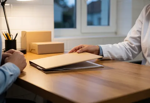 Une main ferme un classeur posé sur une table en bois clair, dans un bureau lumineux aux murs carrelés de blanc.