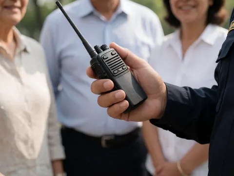 Gros plan d'une main tenant un émetteur radio noir avec antenne, portant un uniforme sombre, dans un lieu public en extérieur.
