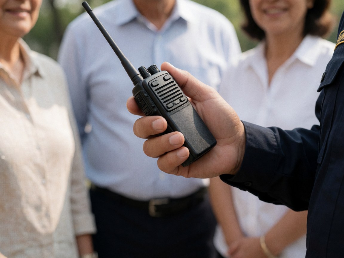 Gros plan d'une main tenant un émetteur radio noir avec antenne, portant un uniforme sombre, dans un lieu public en extérieur.