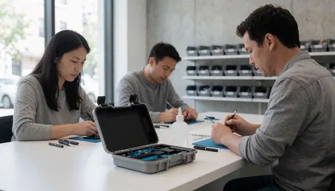 Trois techniciens travaillent à une table avec un kit de réparation et de l'adhésif, dans un local avec des murs en béton et des étagères de pièces, pour les réparateurs de téléphones.