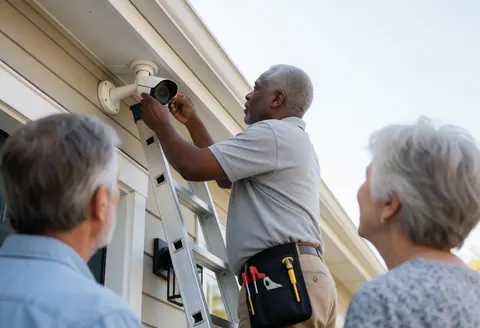 Un technicien installe une caméra de surveillance à l'extérieur d'une maison pendant que des clients observent le travail.