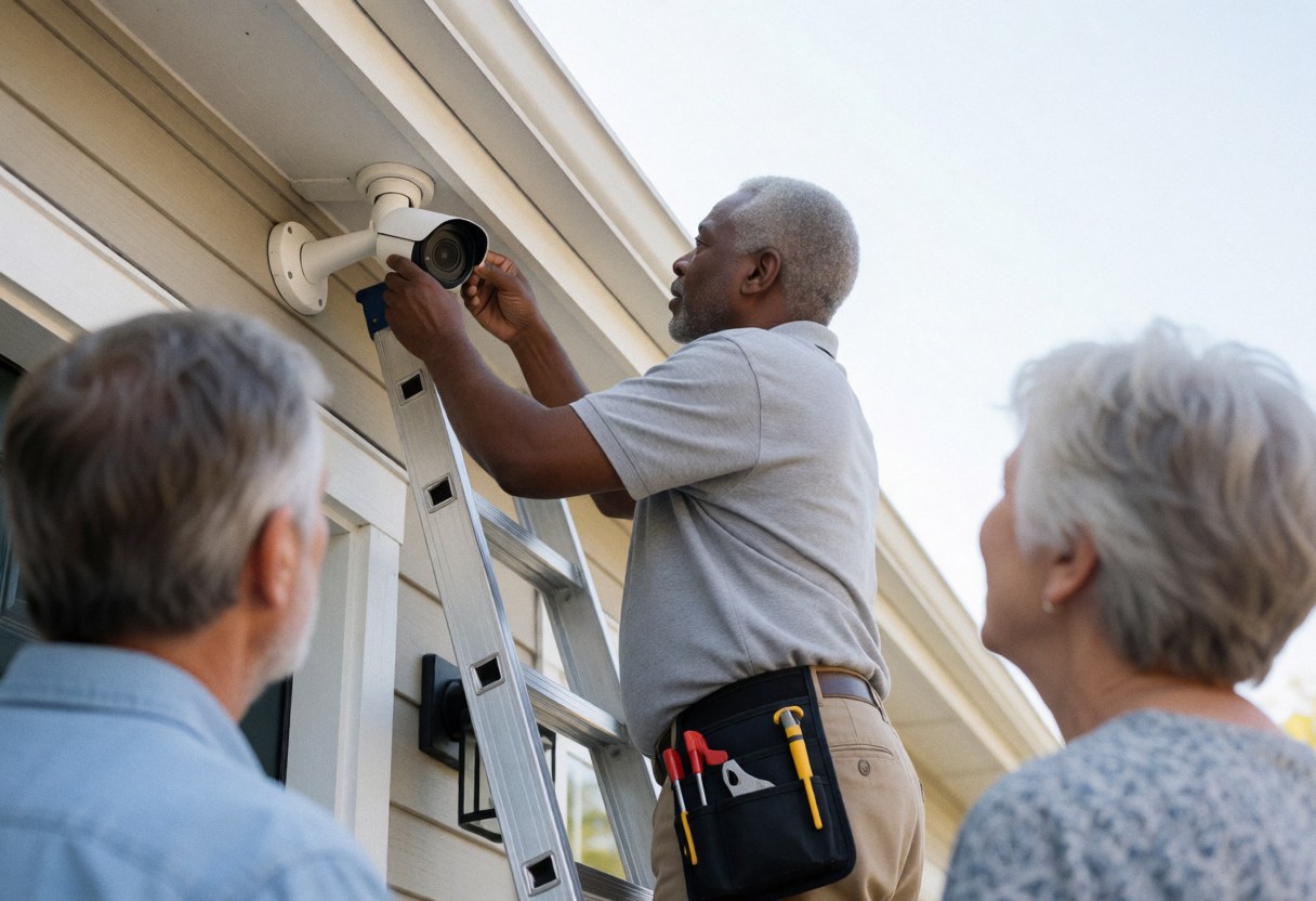 Un technicien installe une caméra de surveillance à l'extérieur d'une maison pendant que des clients observent le travail.