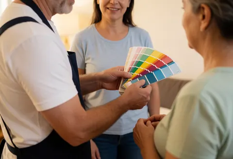 Un peintre tenant une palette explique les options de couleurs à deux clients dans un salon moderne et bien éclairé.