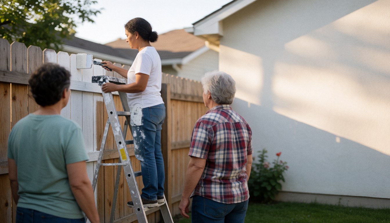 Une femme utilise une échelle pour peindre une clôture en bois blanche tandis que deux personnes regardent depuis le jardin.