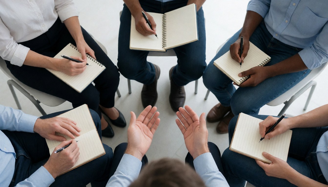 Des individus assis en cercle dans une salle, prenant des notes sur leurs blocs-notes lors d'une séance de thérapie de groupe.