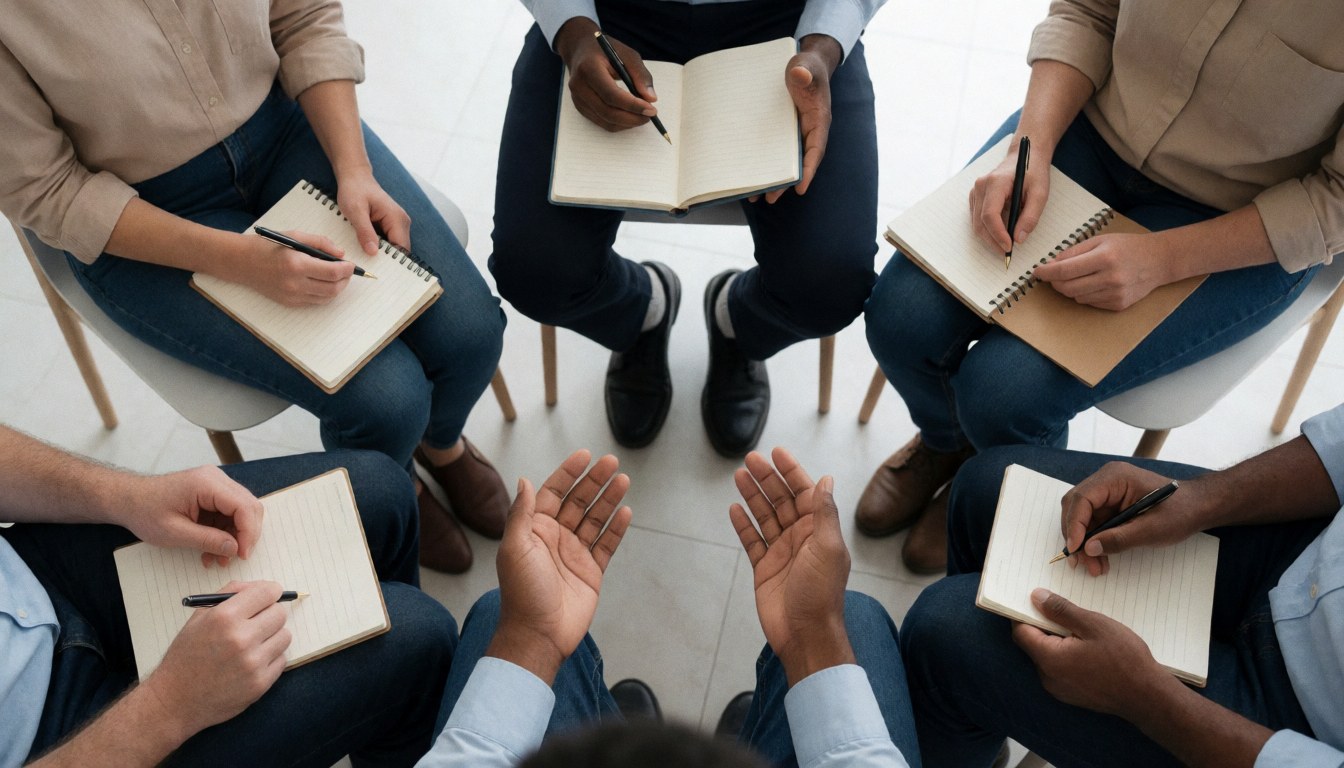 Adultes assis en cercle sur des chaises écrivant dans des carnets lors d'une réunion de thérapie psychologique.