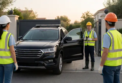Trois agents de sécurité en tenue et casque surveillant une entrée résidentielle moderne au coucher du soleil près d'un véhicule.