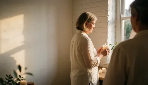 Une thérapeute tient une bougie allumée près d'une fenêtre avec lumière naturelle, mur de briques blanches et cliente de dos dans un centre de psychologie.
