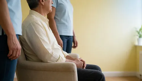 Un homme âgé assis sur une chaise d'attente dans un cabinet psychologique aux murs jaunes, avec un espace vide à droite pour ajouter du texte.