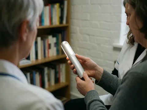 Thérapeute en blouse blanche tenant une barre de stimulation bilatérale dans un bureau avec mur de briques blanches et étagère de livres floue.