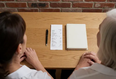 Un client et un professionnel examinent ensemble une facture posée sur une table en bois, accompagnée d'un livre comptable dans un cadre de consultation psychologique.