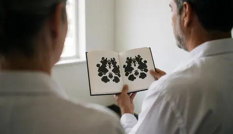 Un psychologue professionnel tient un livre ouvert taché d'encre dans un bureau lumineux aux murs blancs, évoquant une scène de consultation.