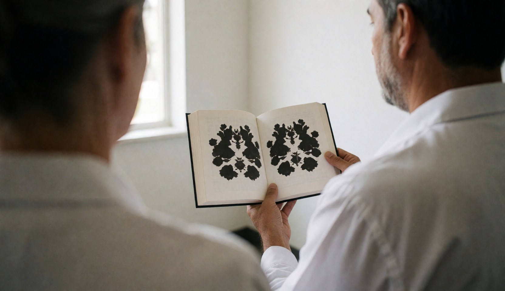 Un psychologue professionnel tient un livre ouvert taché d'encre dans un bureau lumineux aux murs blancs, évoquant une scène de consultation.