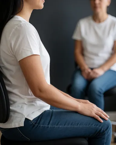 Un client est assis sur une chaise dans un bureau, adoptant une posture relaxée. Les murs gris et la lumière naturelle créent une ambiance calme et professionnelle.