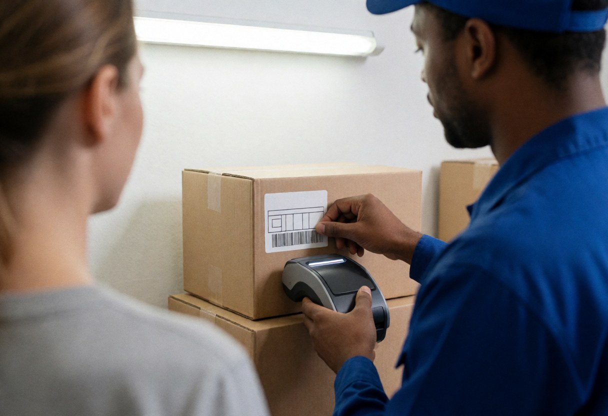 Un employé en uniforme bleu applique une étiquette à code-barres sur une boîte en carton dans un entrepôt pendant qu'un client observe le processus d'expédition.