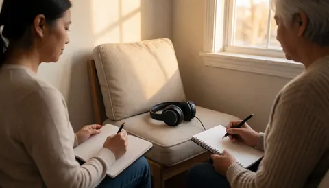 Deux individus assis dans une pièce baignée de lumière naturelle, prenant des notes dans des cahiers tout en portant des écouteurs, évoquant une scène de coaching ou de thérapie.
