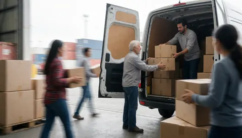 Des employés chargent des colis dans le dos d'un véhicule utilitaire au sein d'un entrepôt logistique dédié à la distribution.