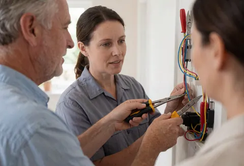 Un électricien effectue une intervention à domicile en présence d'un client, entouré de câbles multicolores et d'outils comme des pinces coupantes.